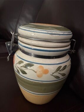 Hand-Painted Ceramic Canister with Floral Motif - Cream, Green, Blue